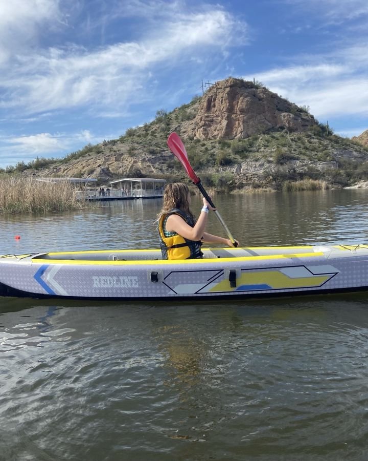 Paddling a Redline inflatable kayak on Canyon Lake